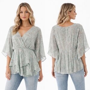 LEELA LAVENDER Kimono Top Womens Large Seafoam Green Gray Paisley Boho Fairycore